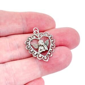 Vintage Sterling Silver 925 3cm Angel in Heart Filigree Charm Pendant